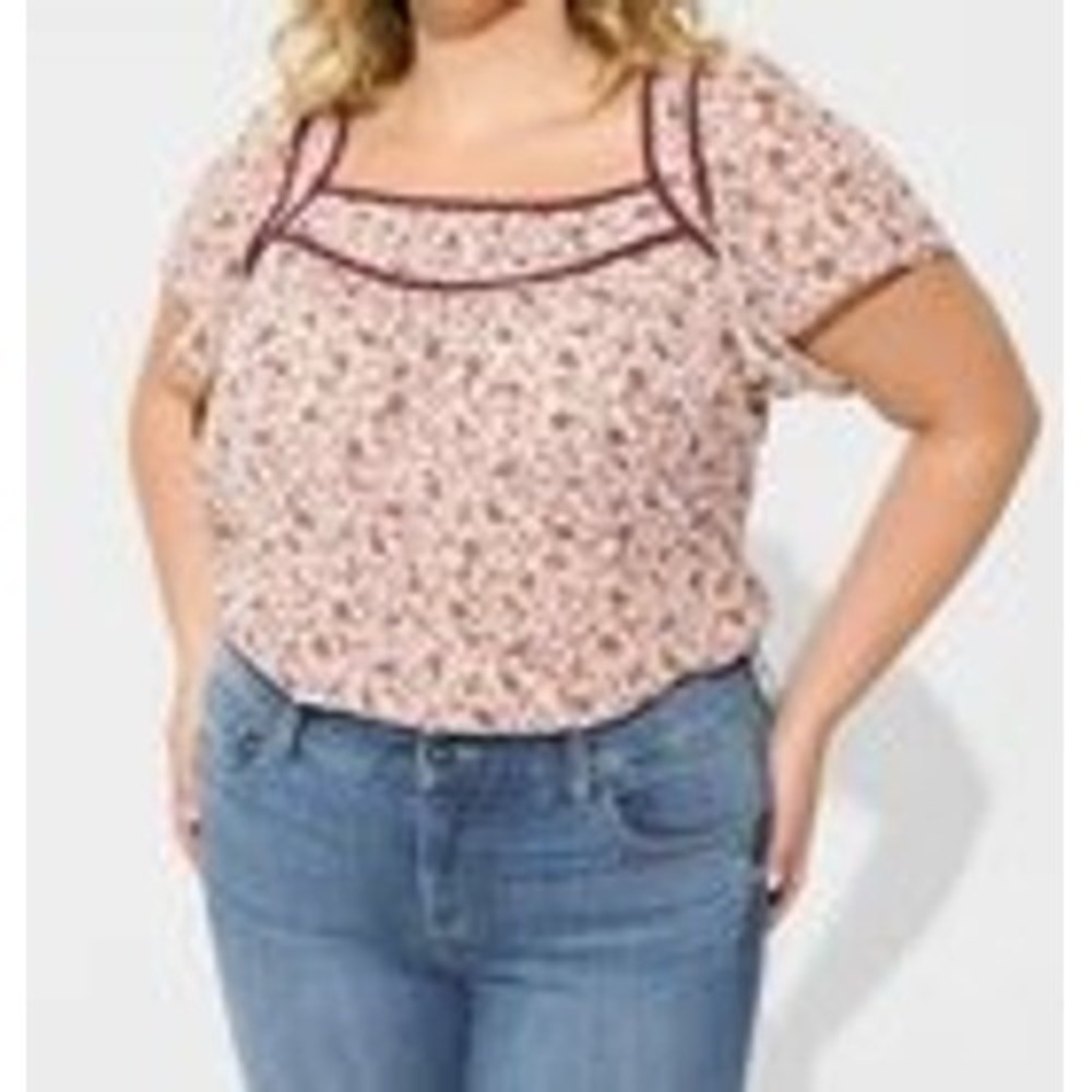 Torrid Blouse Women 2 Pink Floral Square Neck Flutter Sleeve Metallic Lurex Top